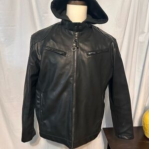 US Polo Assn Leather Jacket. Attached Hood. Quilted Inside. Pockets. Size Large.